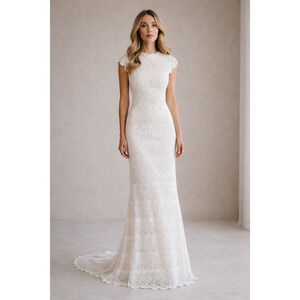 Daughters of Simone Lilah Lace Wedding Dress XL Boho Plunge Bridal Gown NWT